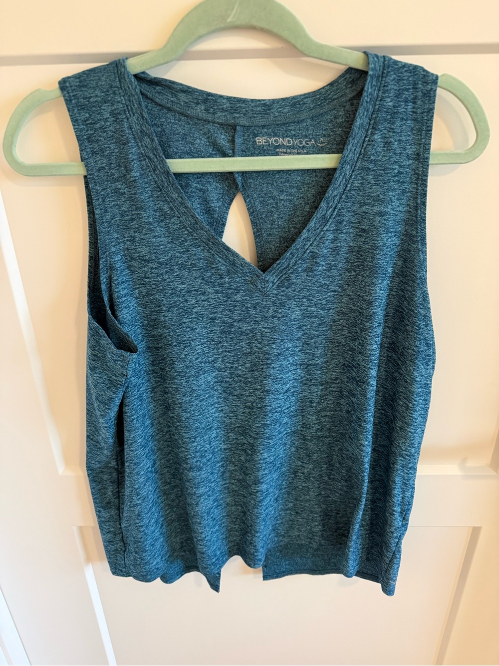 Beyond Yoga Blue Heather V Neck Split Open Back Tank Top Size L Made in USA